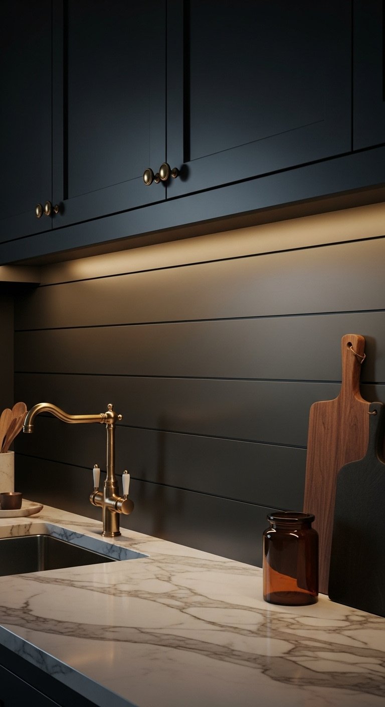 Sophisticated kitchen with a dark charcoal gray vertical shiplap backsplash white marble counter and gold faucet under moody lighting