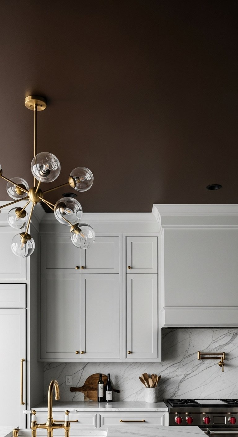 Sophisticated kitchen with a dramatic matte chocolate brown ceiling crisp white walls and an elegant brass sputnik chandelier