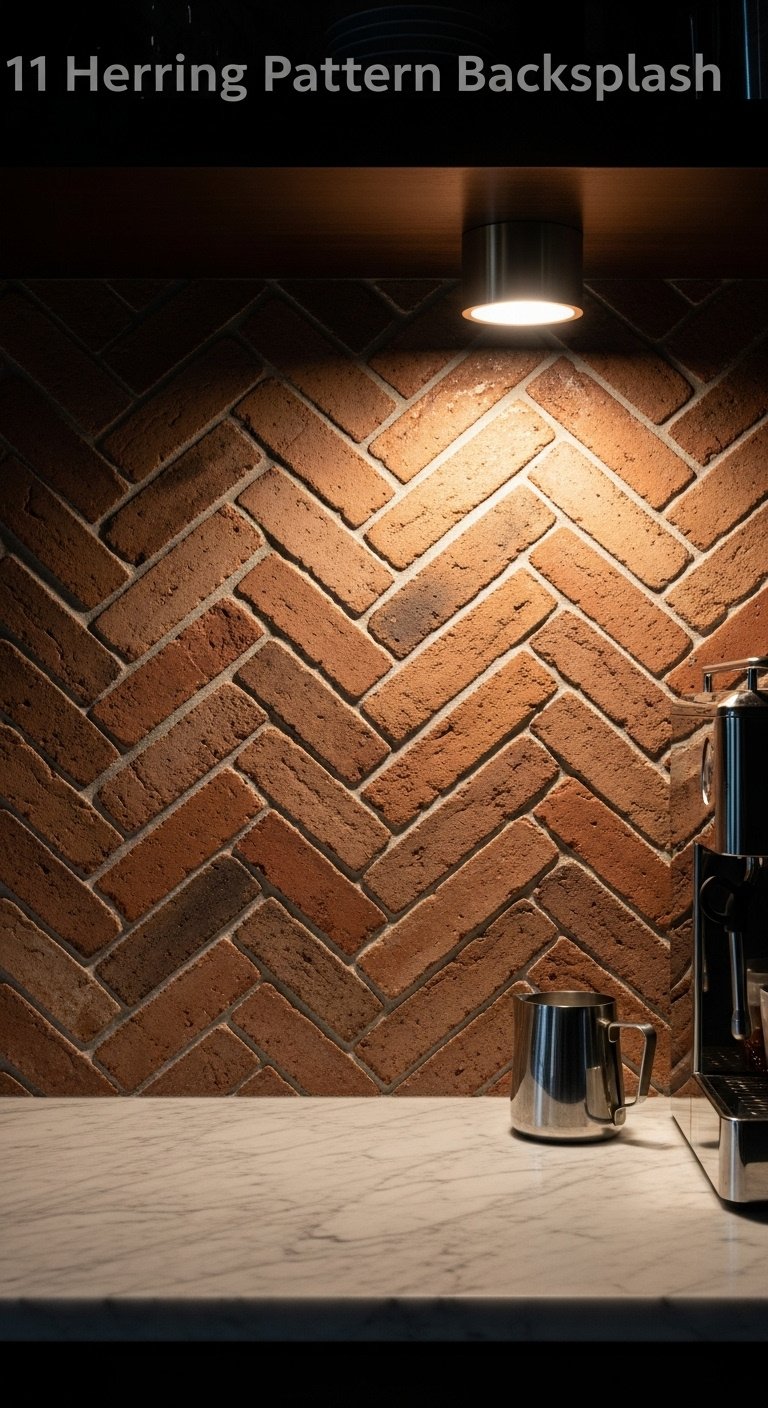 Sophisticated kitchen with a herringbone reclaimed brick backsplash honed marble counter and espresso machine