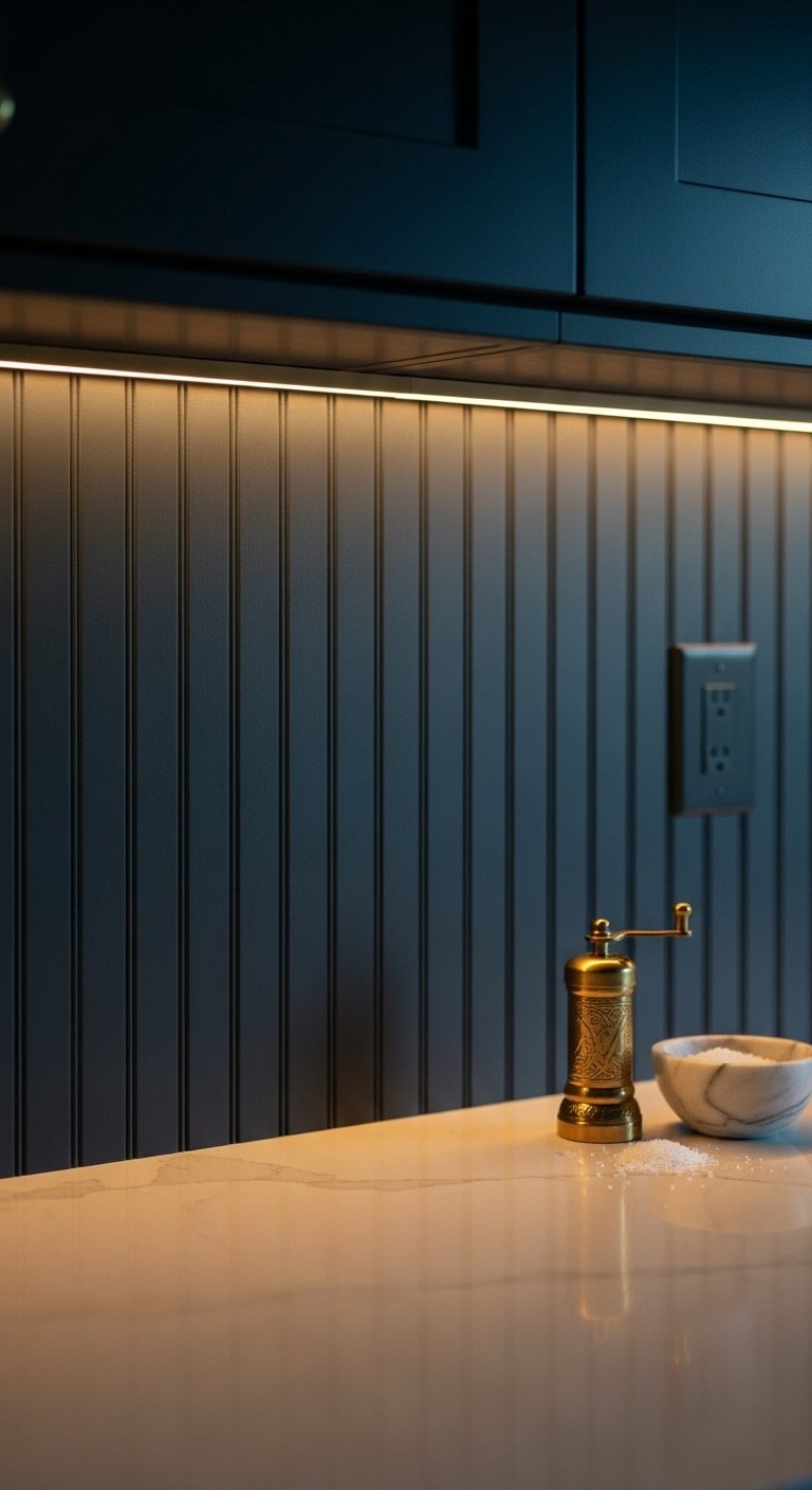 Sophisticated kitchen with a navy blue beadboard backsplash white quartz counter and brass accents under moody lighting