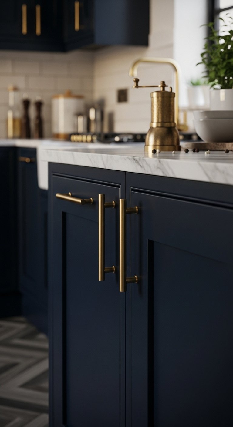 Sophisticated navy blue shaker kitchen cabinets with brass handles white marble countertop and warm moody lighting