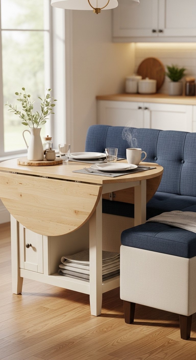 Space-saving drop-leaf dining table with storage bench in a cozy kitchen dining combo under warm morning light