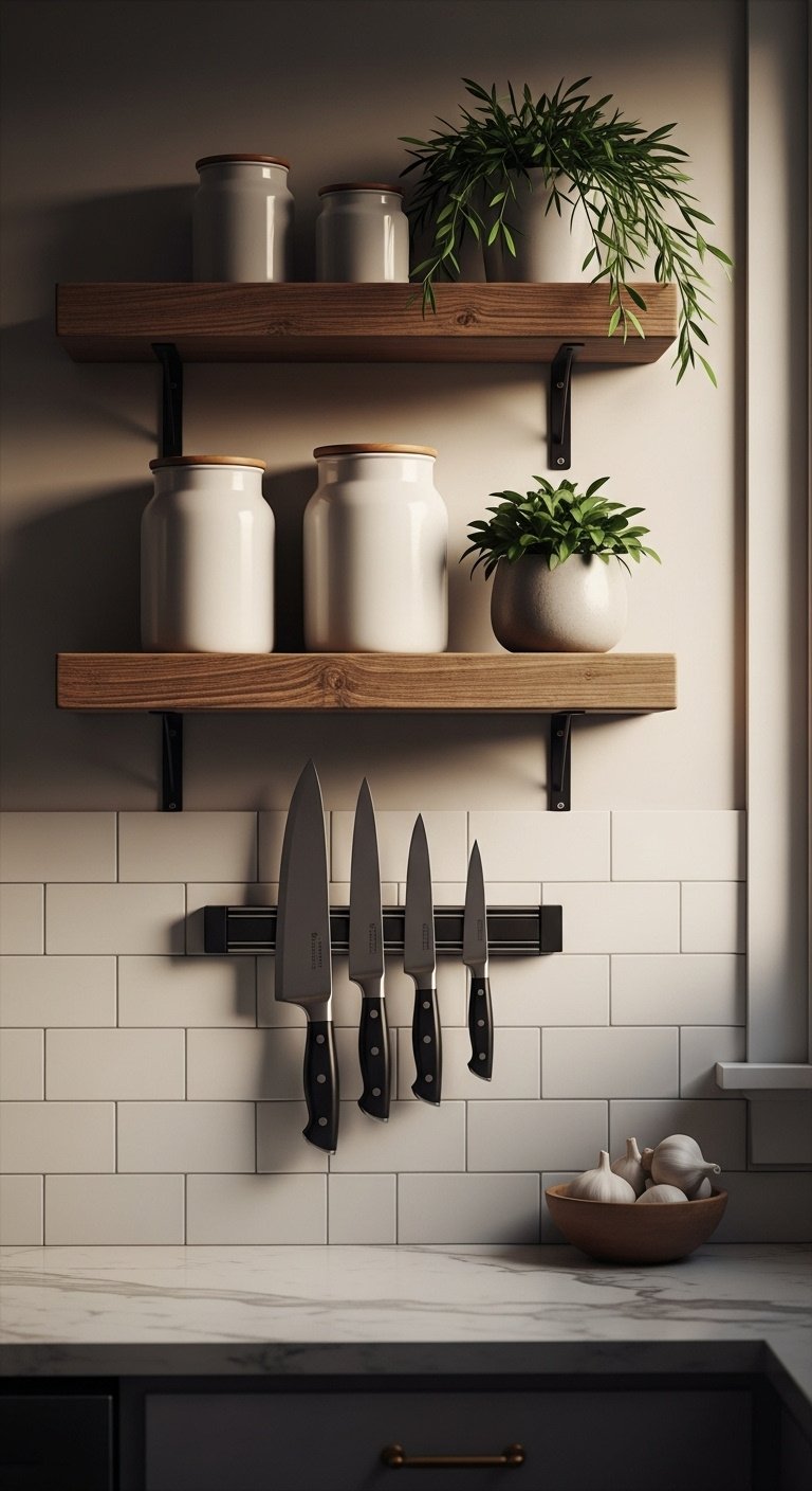Space saving hacks for small kitchens including a rolling cart and under cabinet storage