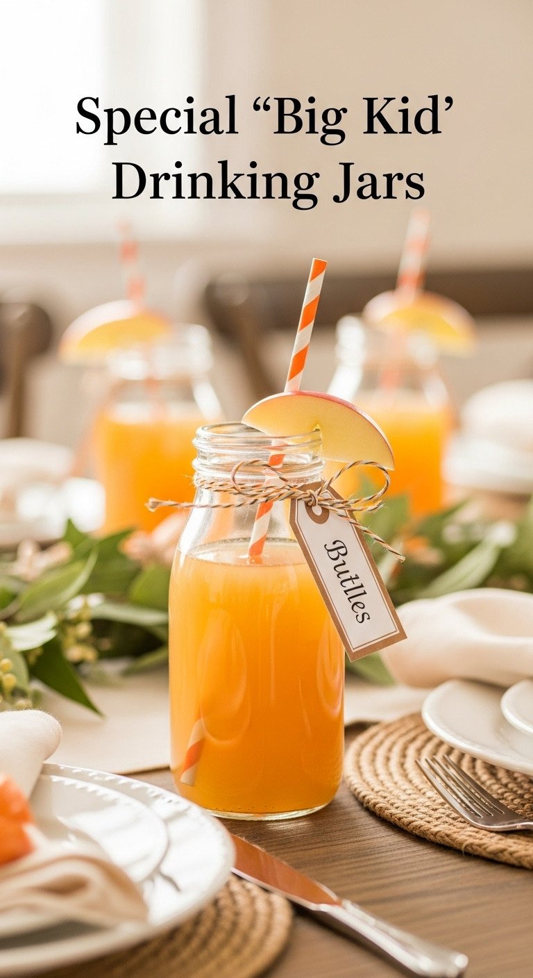 Special big kid drinking jar with orange and white striped straw filled with apple cider on a rustic wooden kids table