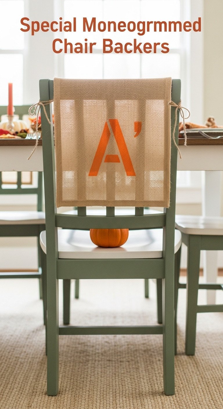 Special monogrammed chair backer with stenciled letter A in orange paint on burlap hanging over a kid-sized chair