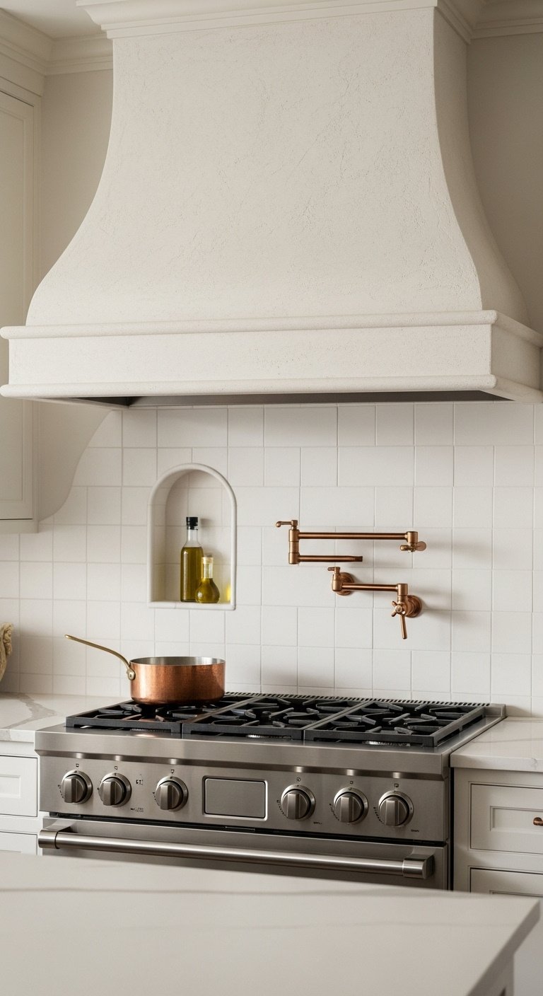 Split screen image showing a modern kitchen with white cabinets marble island and black pendant lights
