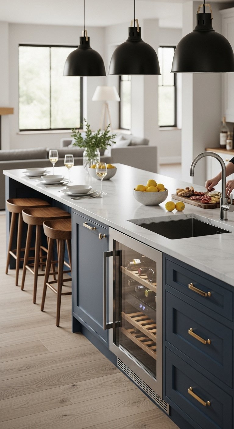Split screen image showing a modern kitchen with white cabinets marble island and black pendant lights