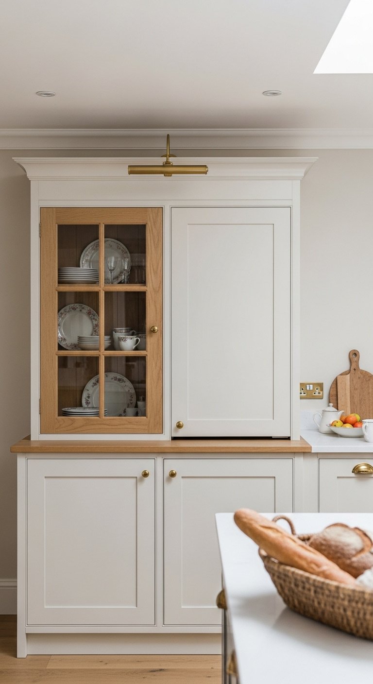 Split screen image showing modern kitchen design with white cabinets marble island and black pendant lights