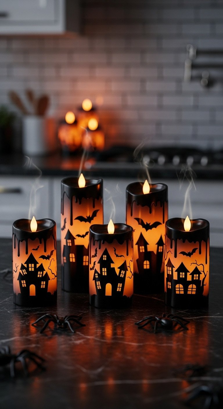 Spooky Halloween kitchen counter at dusk with black pillar candles haunted house decals bats faux spiders and dry ice smoke