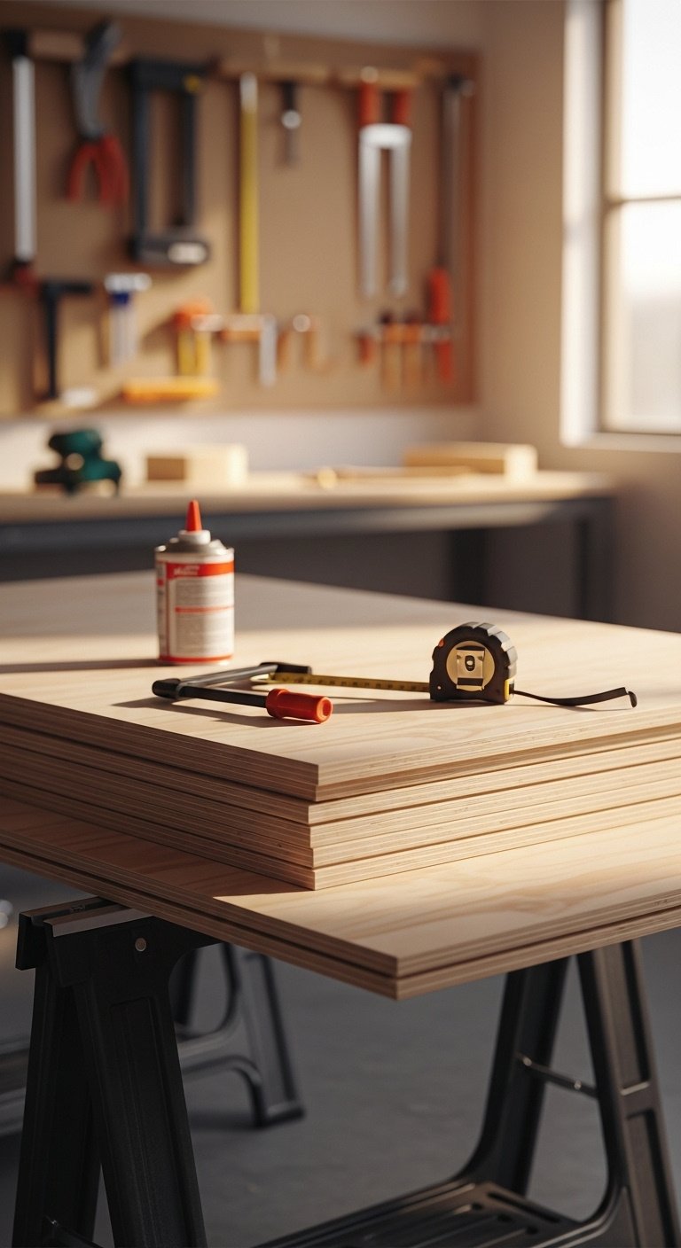 Stack of freshly cut high quality birch plywood sheets resting on sawhorses in a clean well lit workshop with wood glue clamp and tape measure