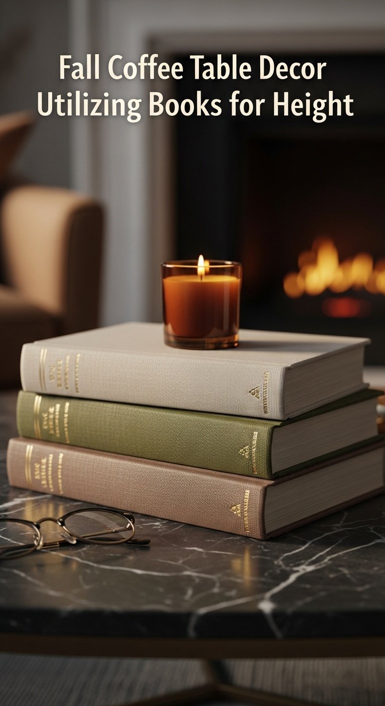 Stack of hardcover books with an amber glass candle on a dark marble coffee table in a cozy living room