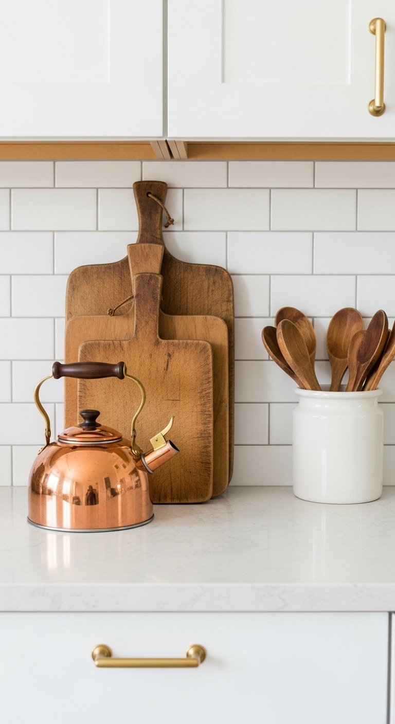 Stacked wooden cutting boards and copper kettle on quartz counter, elegant minimalist fall kitchen decor