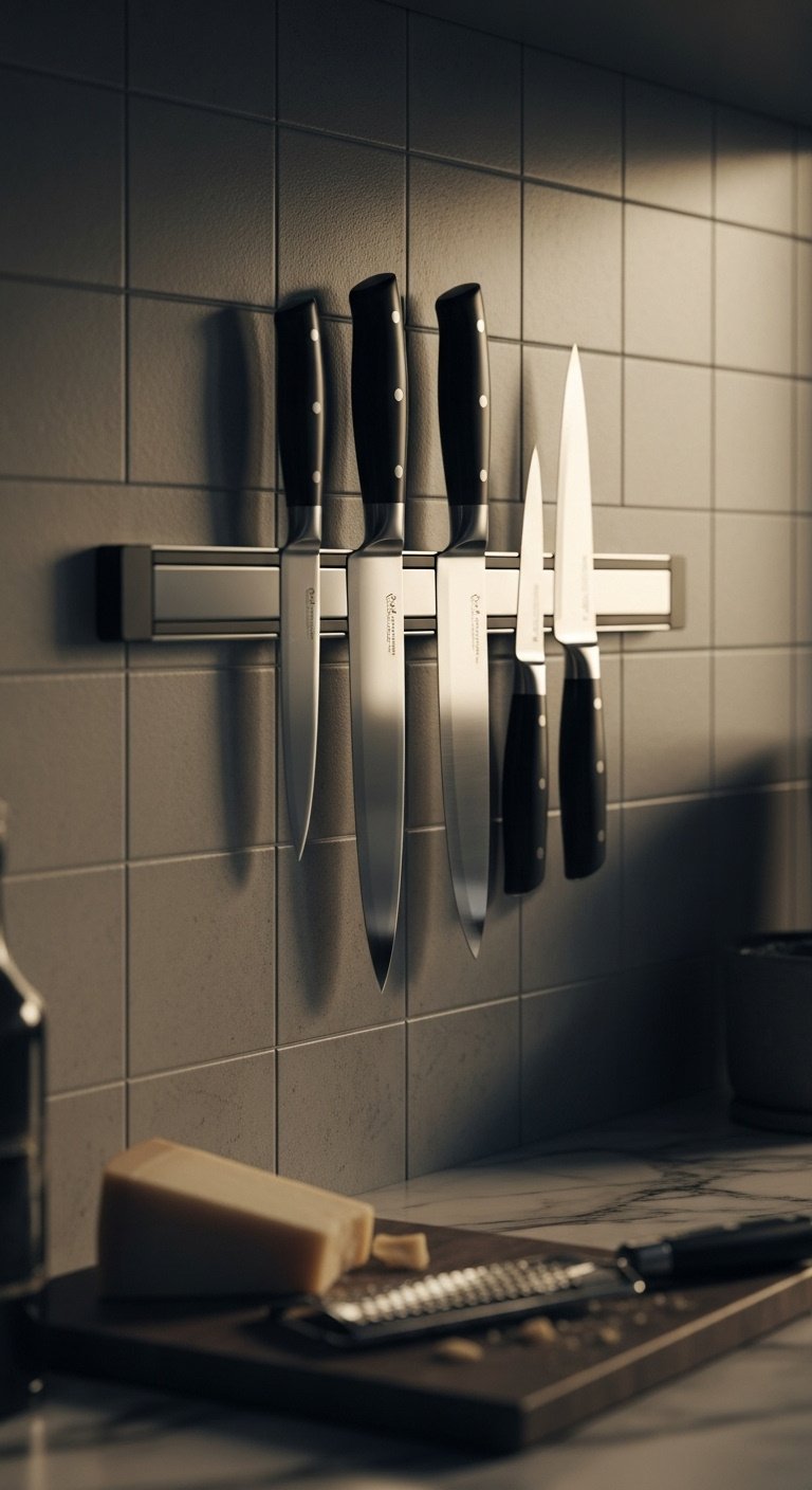 Stainless steel magnetic knife strip on a gray tiled backsplash with chef's knives, blurred marble counter, cheese, and grater