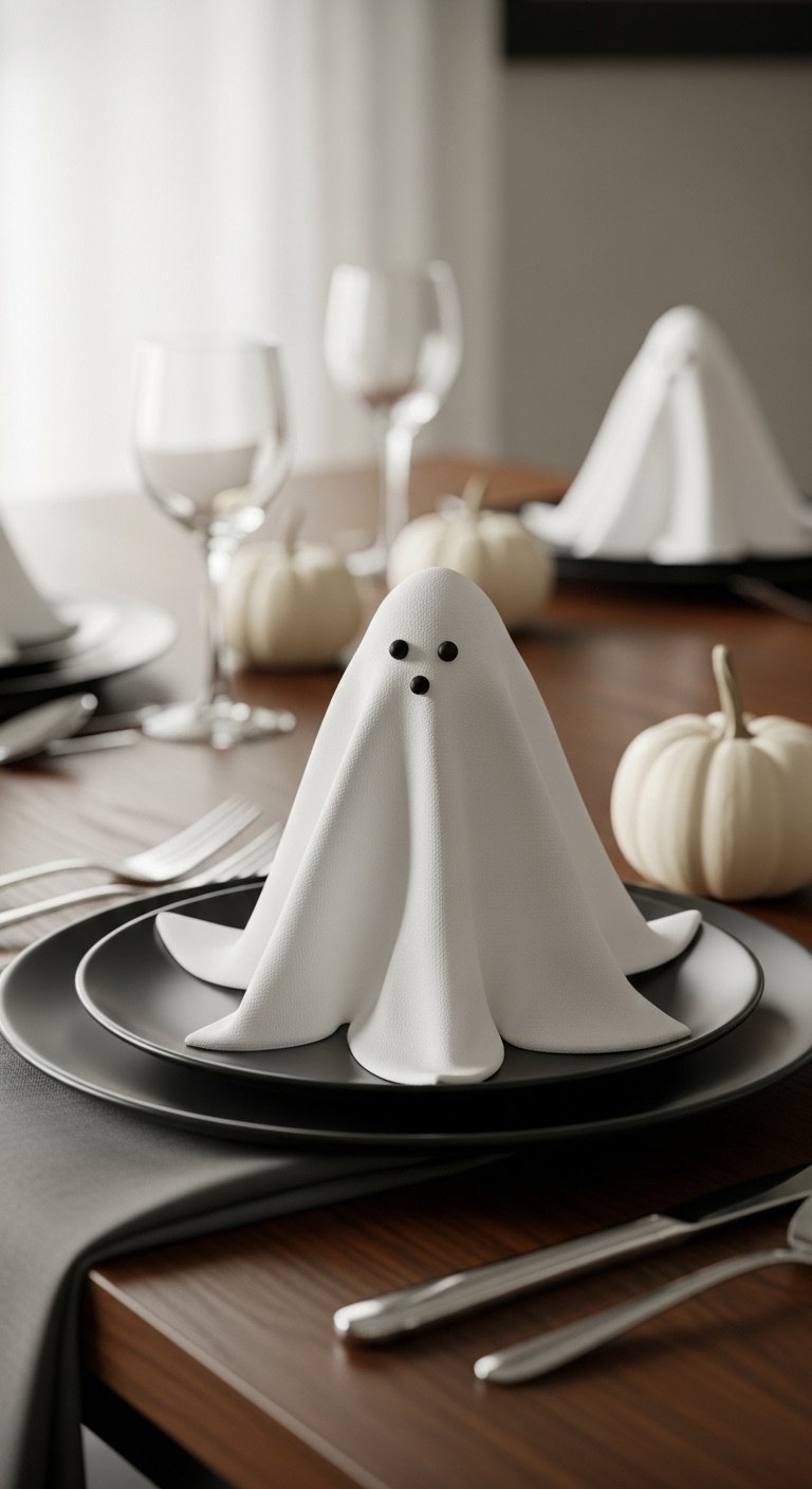 Starched white cloth napkin folded into a floating ghost shape with black peppercorn eyes on a black plate with silver cutlery and a white pumpkin