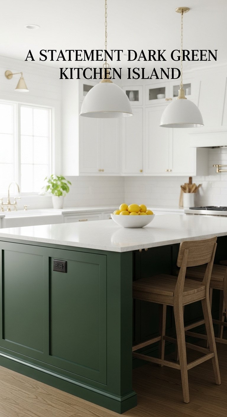 Statement dark green kitchen island with light quartz countertop lemons wooden bar stools white shaker cabinets and backsplash