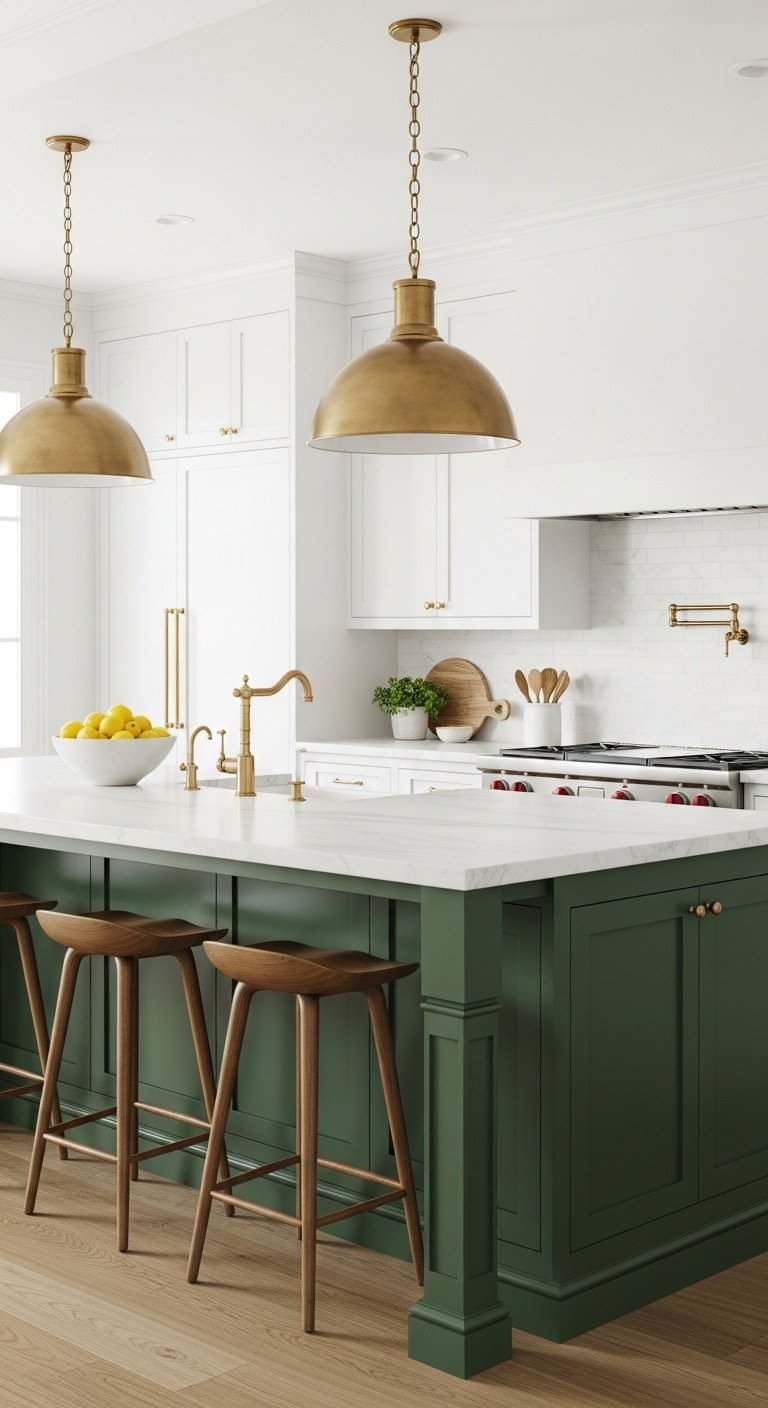 Statement green island centerpiece in hunter green with white marble countertop and brass pendant lights