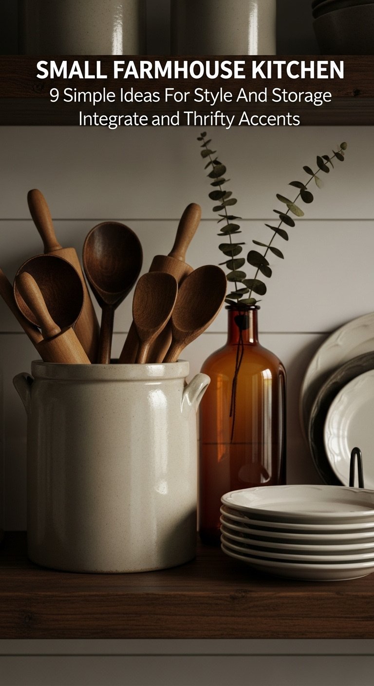 Stoneware crock with wooden spoons, rolling pins, amber bottle, and ironstone plates on a rustic shelf