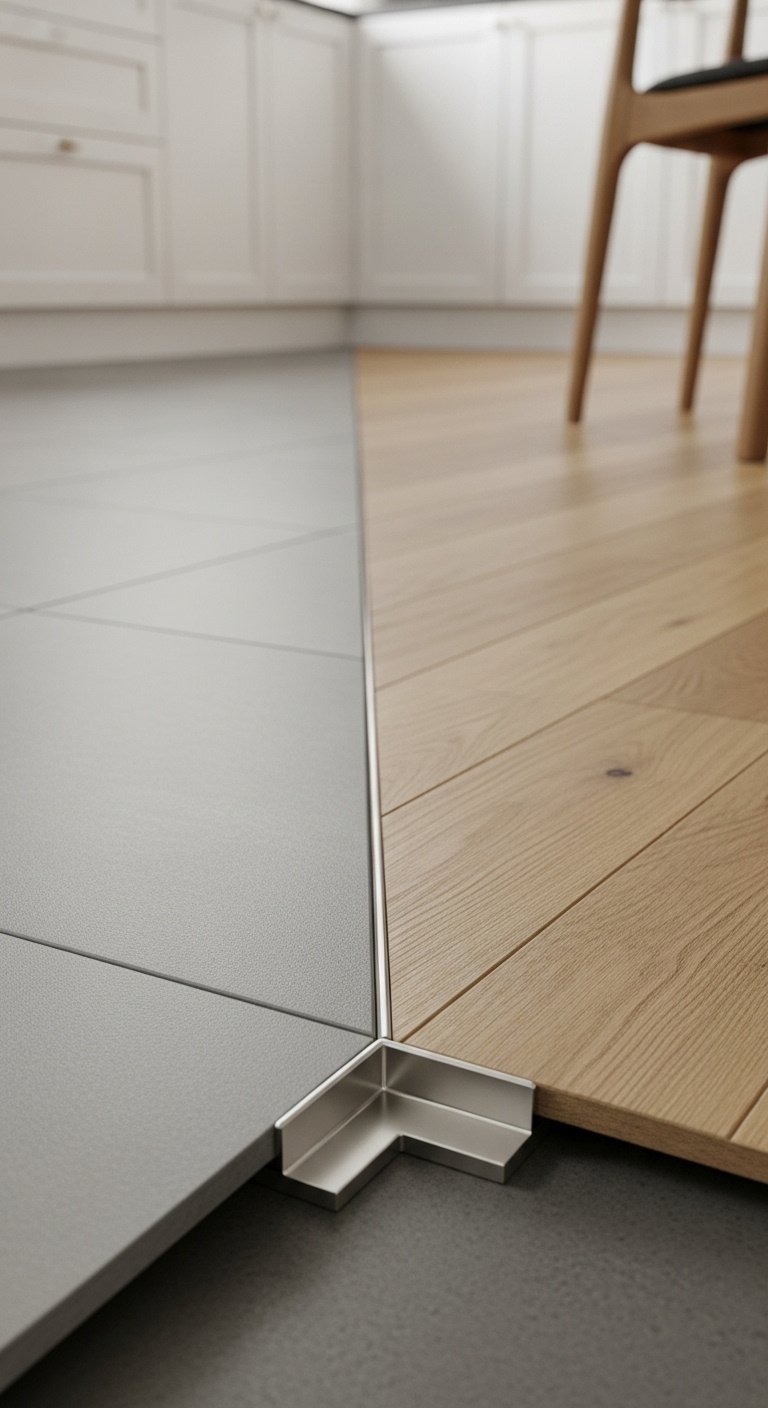 Straight line transition of matte grey porcelain kitchen tiles to oak hardwood with brushed nickel T-molding and minimalist mood
