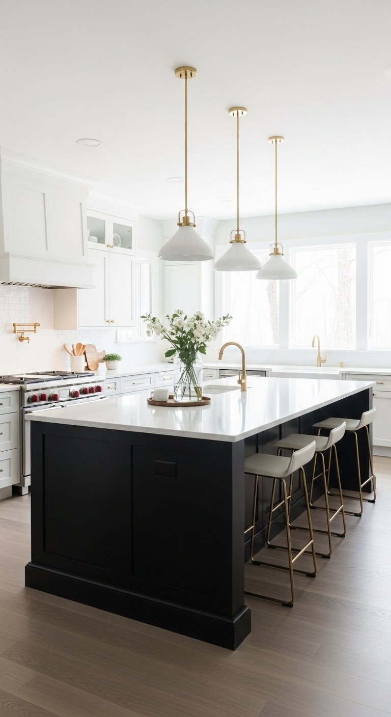 Striking black kitchen island with waterfall white quartz countertop and modern gold pendant lights in an elegant white kitchen