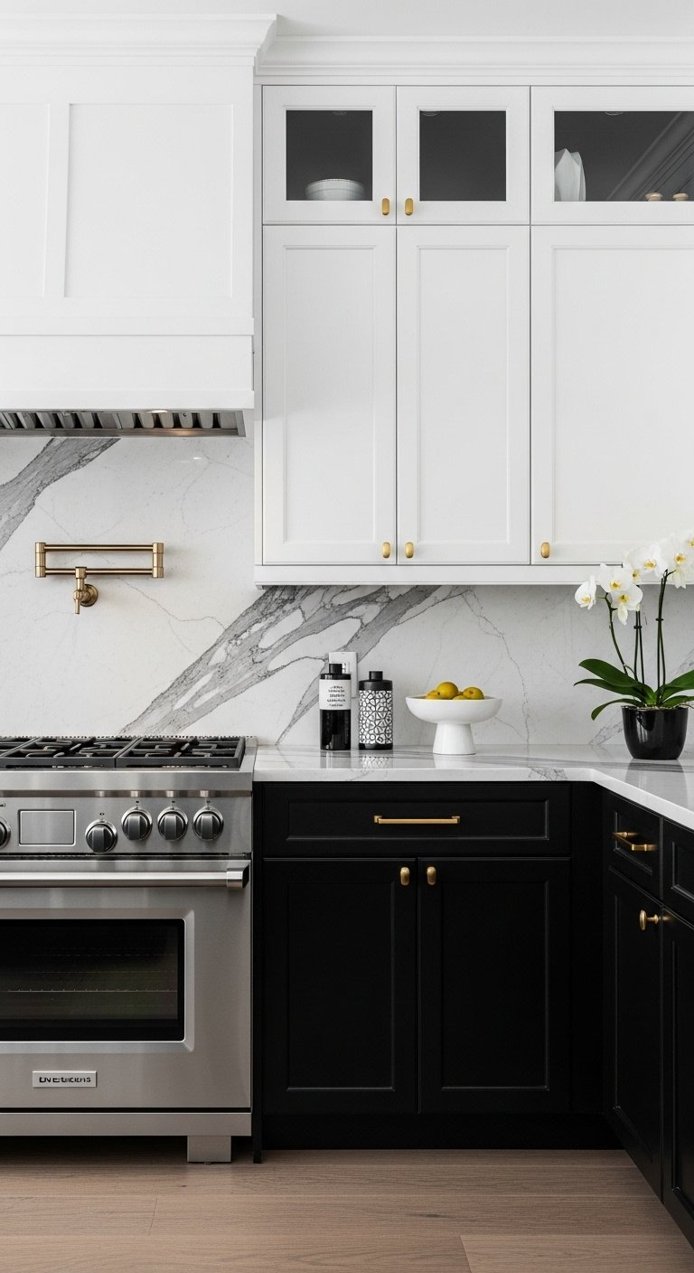 Striking kitchen with white upper and deep black lower cabinets against marble backsplash and gold hardware
