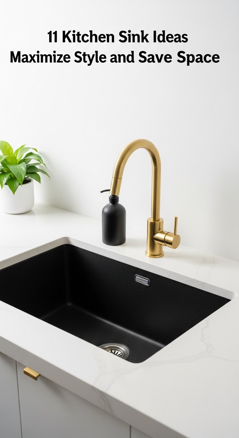 Striking matte black granite composite drop-in sink on a bright white quartz countertop with gold faucet and green plant