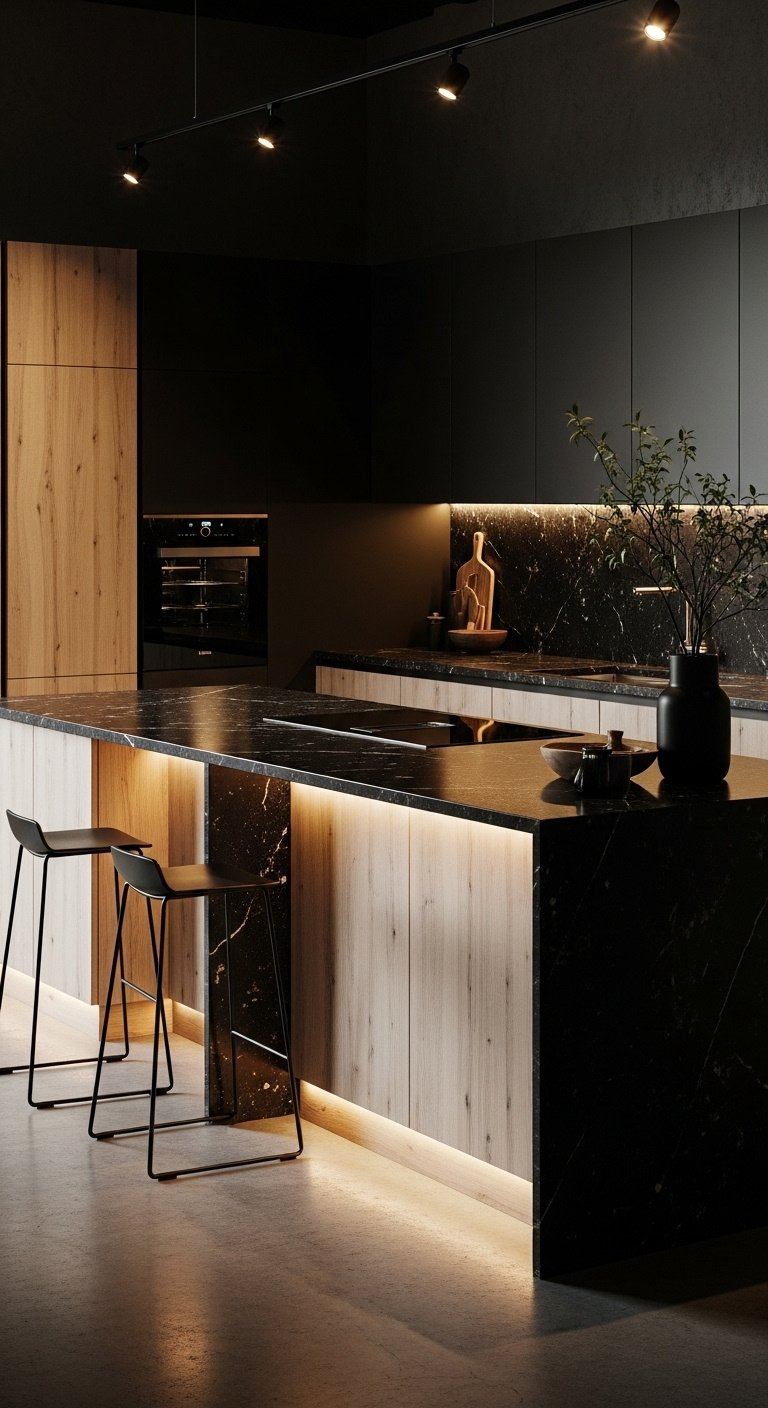 Striking modern kitchen with rift sawn white oak and matte black cabinets dramatic black granite island and minimalist urban loft setting