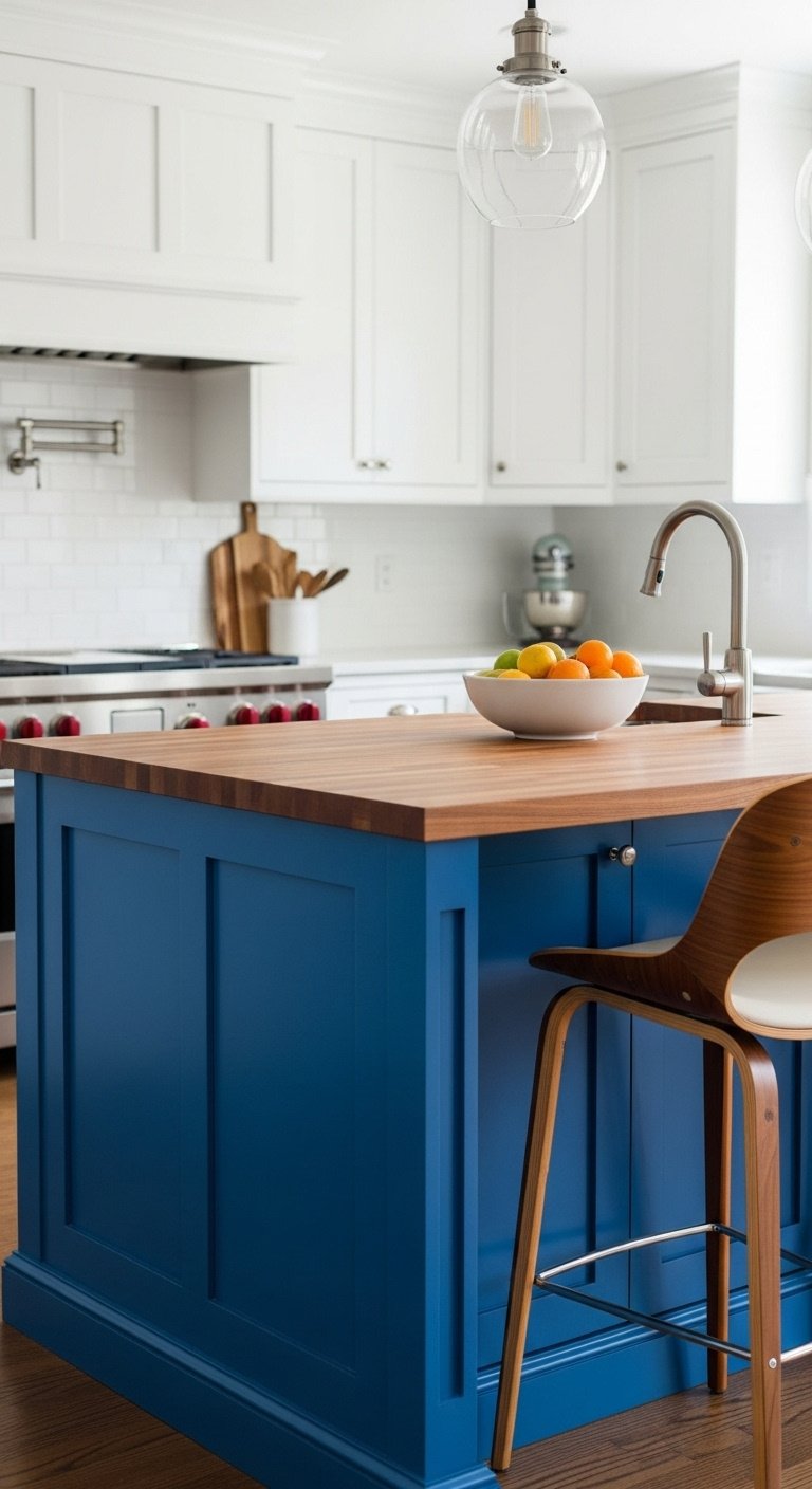 Striking royal blue kitchen island with butcher block countertop in a white kitchen with natural light and bar stools