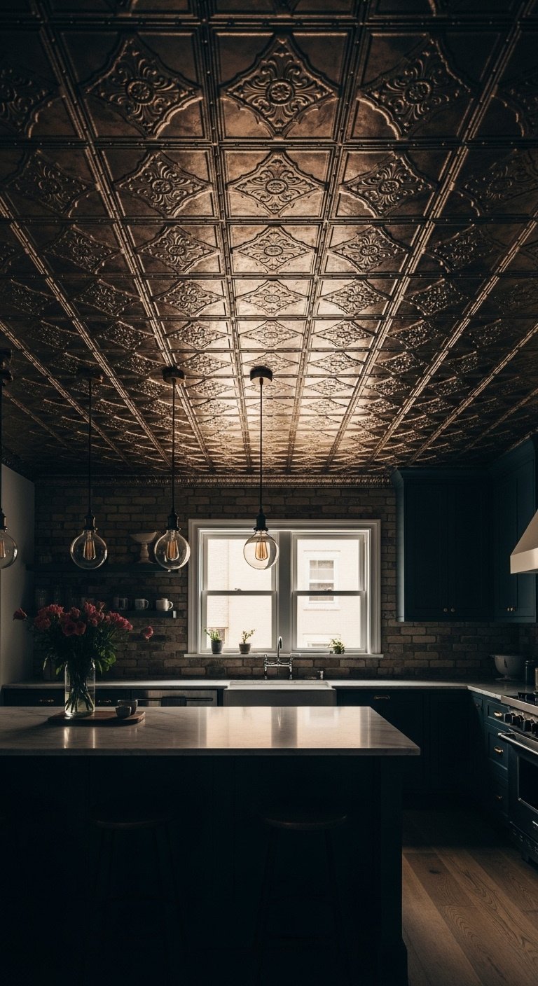 Stunning pressed tin ceiling with intricate Victorian pattern in aged copper finish reflecting light in a vintage industrial kitchen