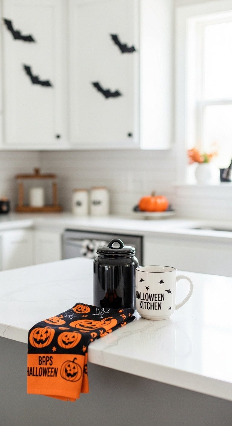 Styled kitchen countertop with Halloween towel black canister spooky mug and blurred white cabinets with bats