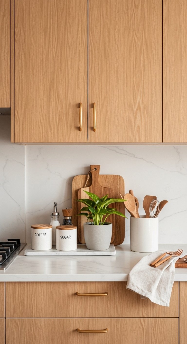 Styled kitchen countertop with decorative wooden tray ceramic canisters green plant and copper utensil holder in front of oak cabinets