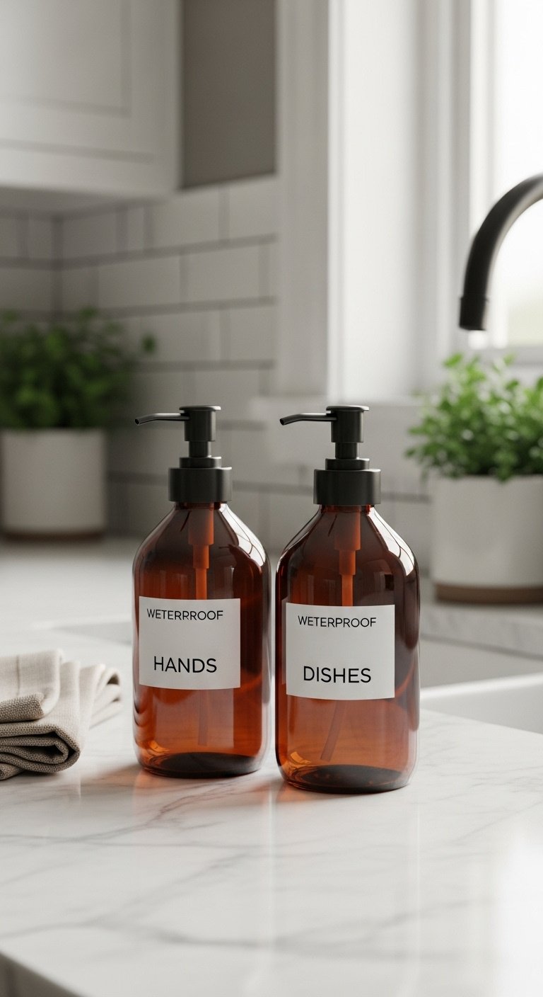 Stylish amber glass soap dispensers with matte black pumps on a marble countertop for kitchen organization and decluttering