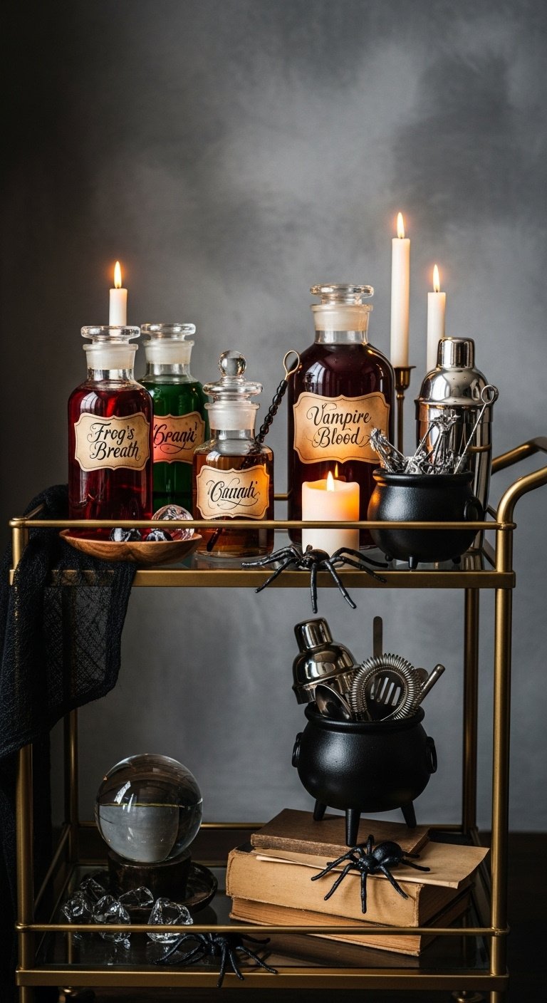 Stylish bar cart potion station with apothecary jars, colored liquids, custom labels, black cauldron, LED candles, crystal ball, and faux spiders