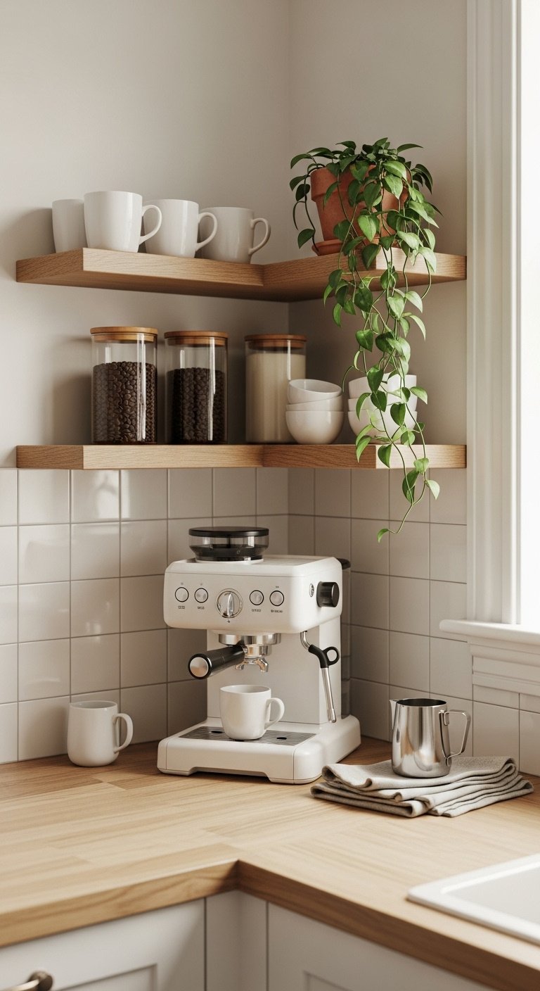 Stylish coffee bar in a kitchen corner nook with a white espresso machine floating shelves mugs glass canisters and a pothos plant