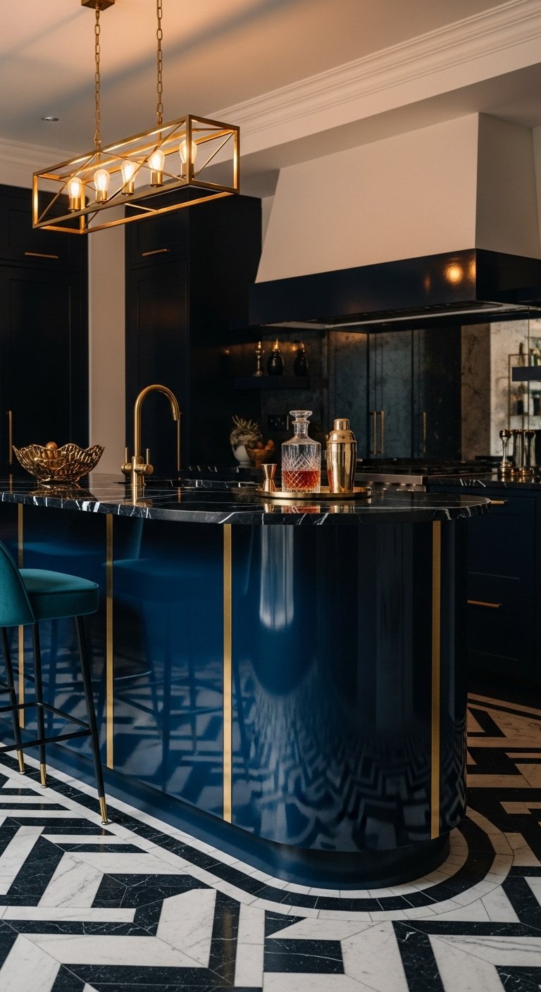 Stylish curved kitchen island with white countertop oak base and integrated sink in a bright kitchen