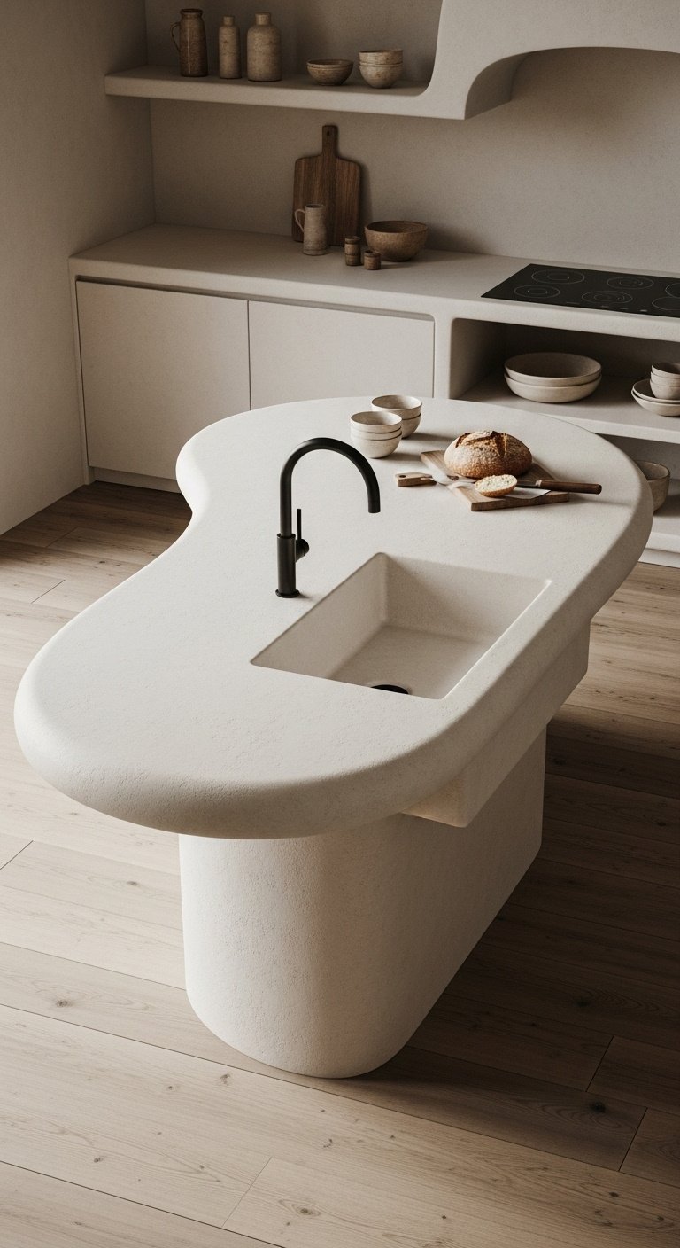 Stylish curved kitchen island with white countertop oak base and integrated sink in a bright kitchen