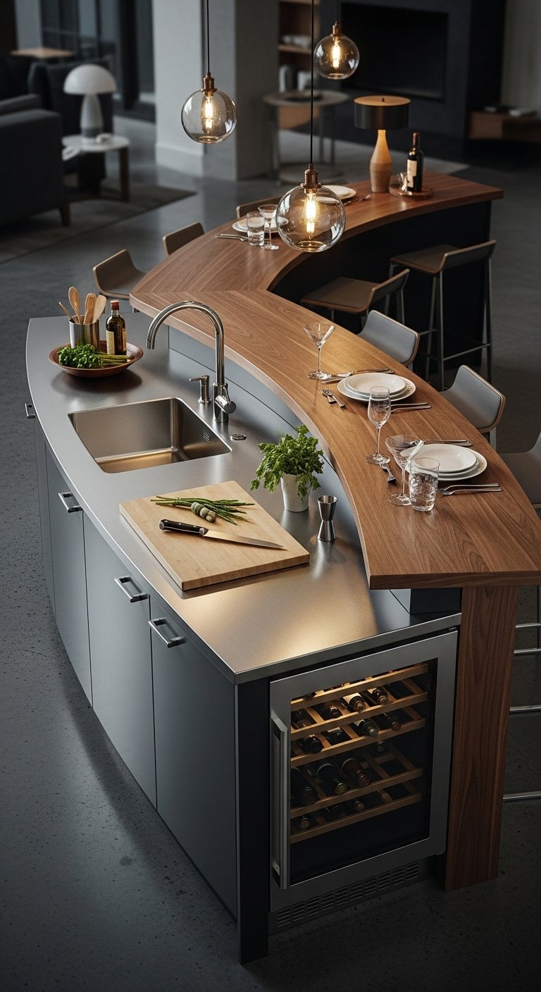 Stylish curved kitchen island with white countertop oak base and integrated sink in a bright kitchen