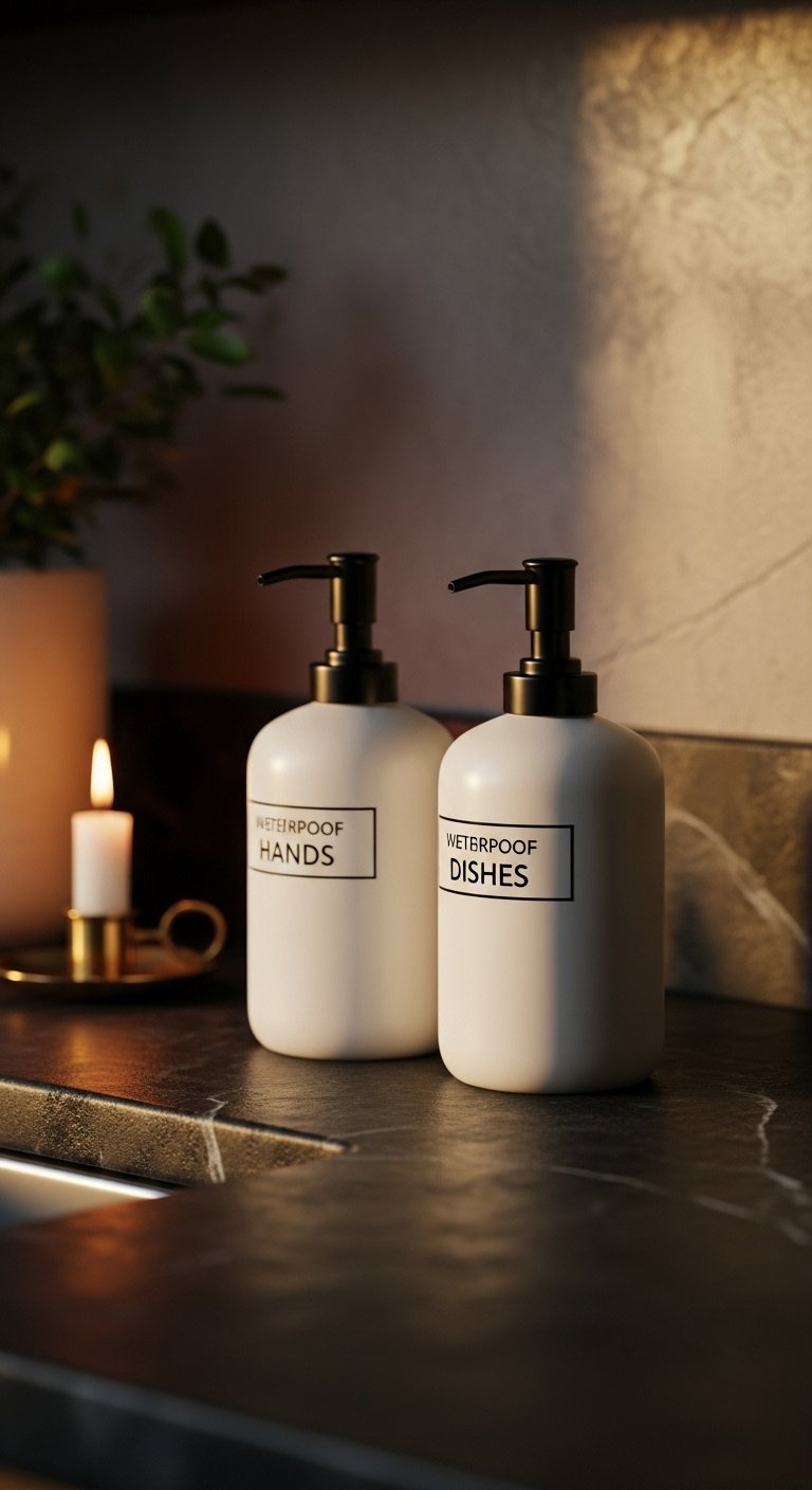 Stylish decanted soap dispensers matte white ceramic with black pumps and minimalist labels on dark soapstone countertop