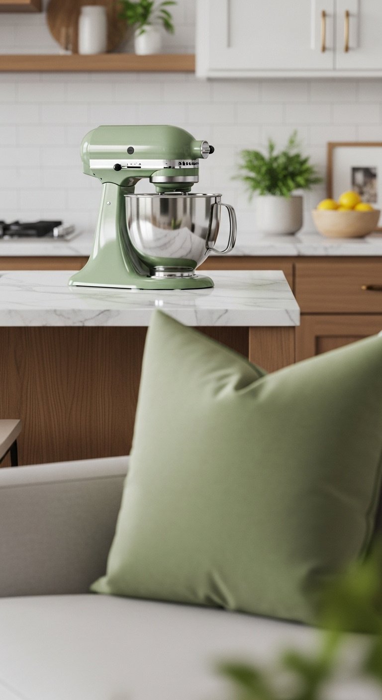 Stylish kitchen counter with sage green stand mixer and a sofa with a sage green velvet pillow in an open concept home