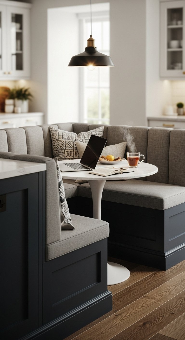 Stylish kitchen island with integrated banquette seating and round table for a cozy breakfast nook