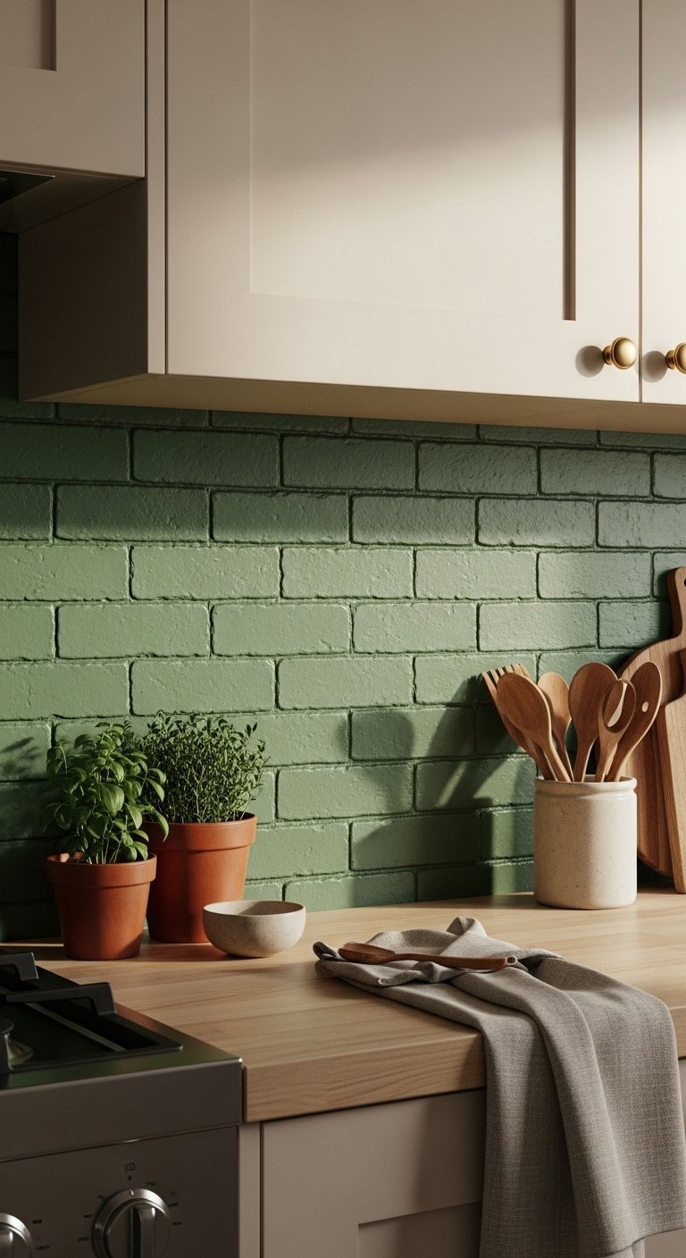 Stylish kitchen with a custom sage green painted brick backsplash butcher block counter and creamy cabinets with herbs