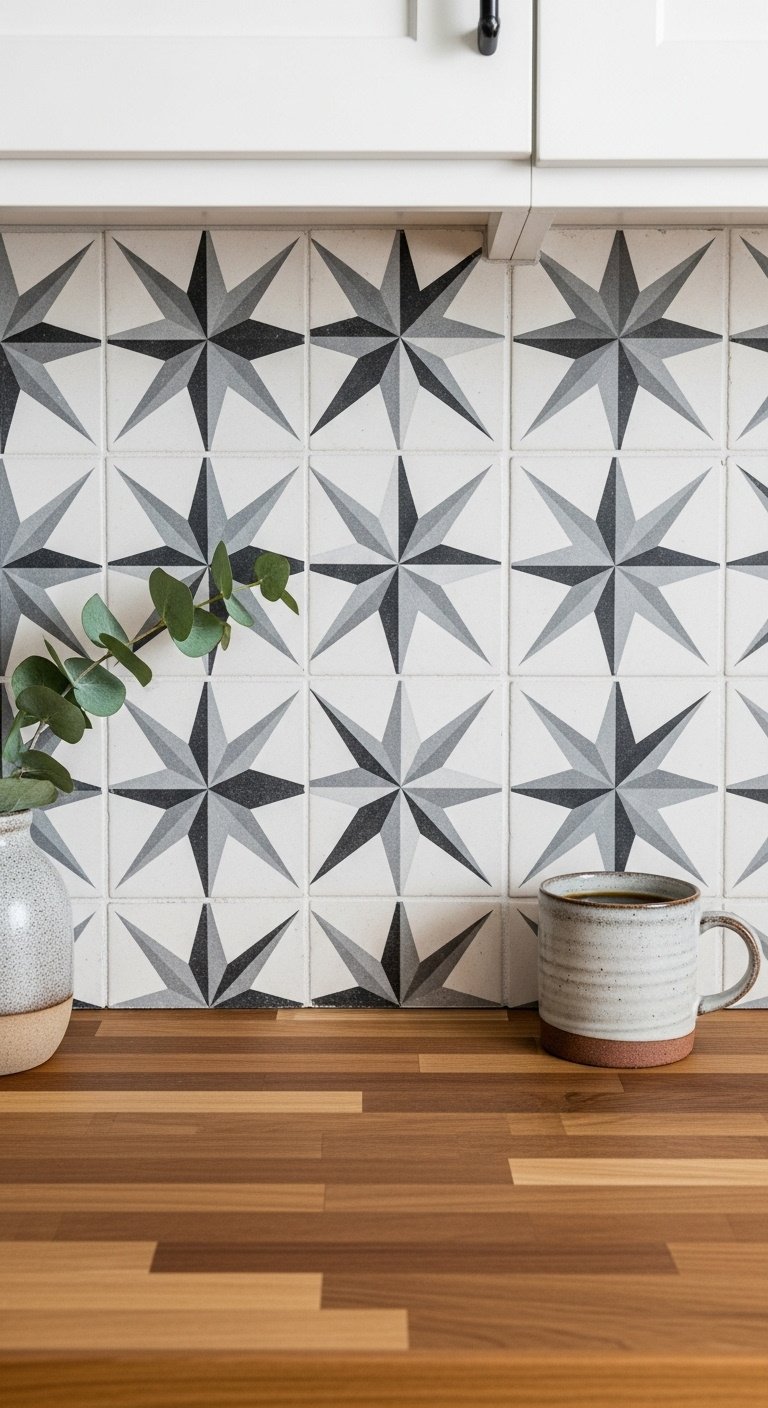 Stylish kitchen with a geometric cement tile backsplash butcher block counter and stoneware mug under bright light