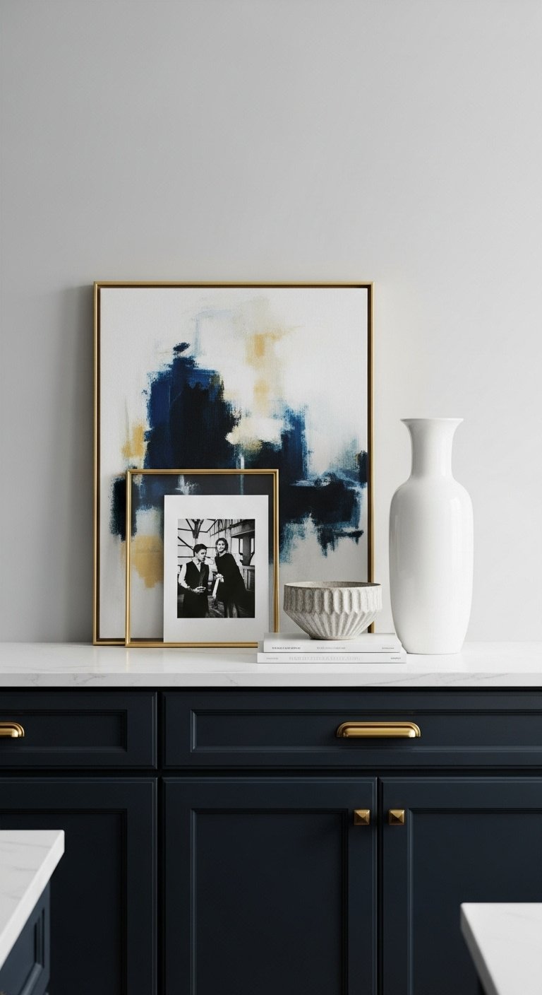 Stylish layered arrangement of abstract painting gold frame black and white photo white ceramic vase and pottery bowl on dark navy blue kitchen cabinets