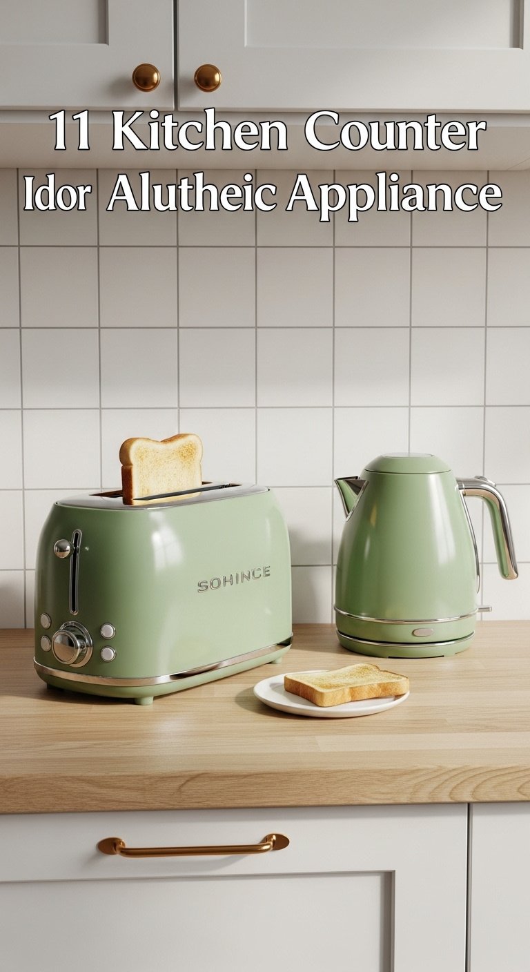 Stylish retro sage green toaster and matching kettle on light wood kitchen countertop