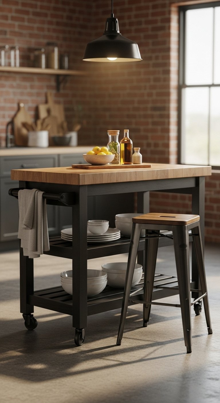 Stylish rolling kitchen island with butcher block top and metal stool on a polished concrete floor