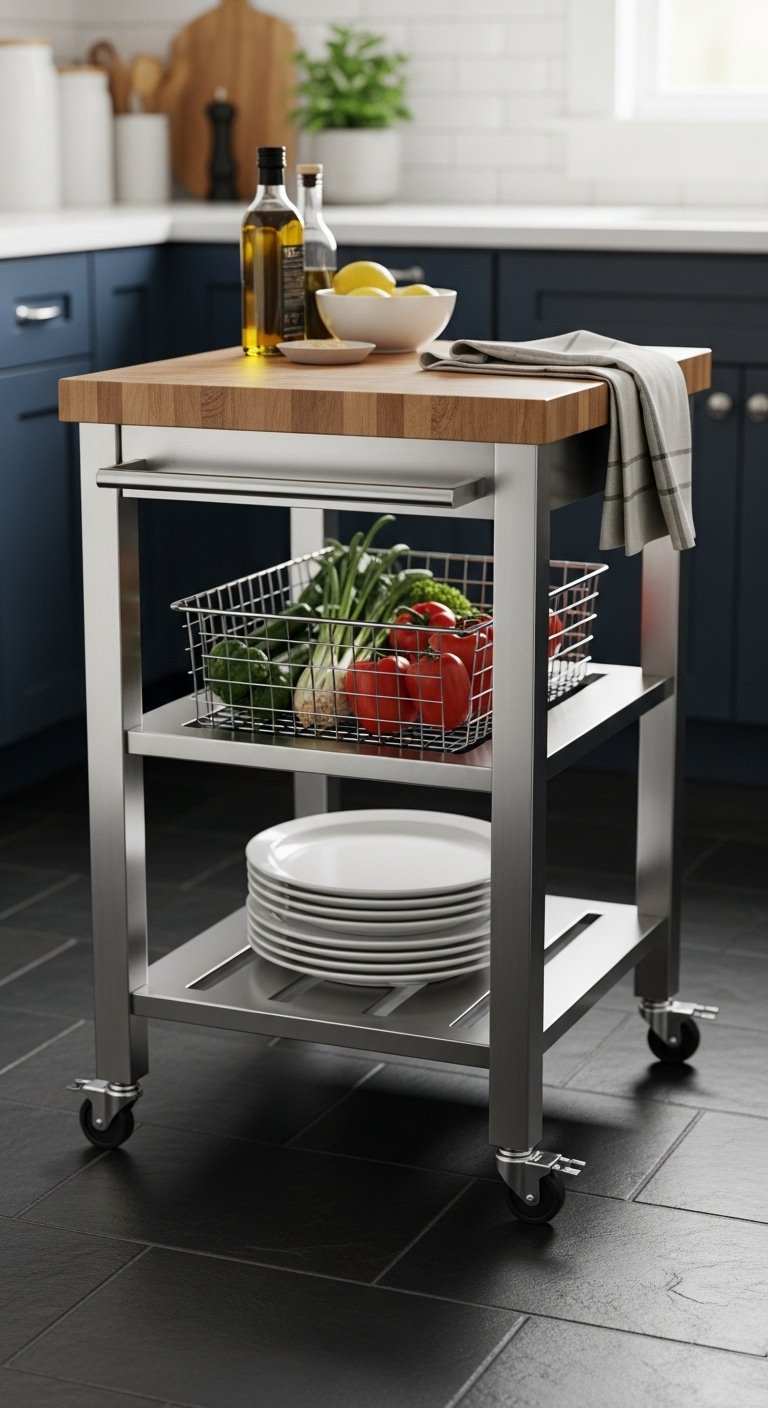 Stylish stainless steel rolling kitchen cart with butcher block top in a small kitchen with navy blue cabinets