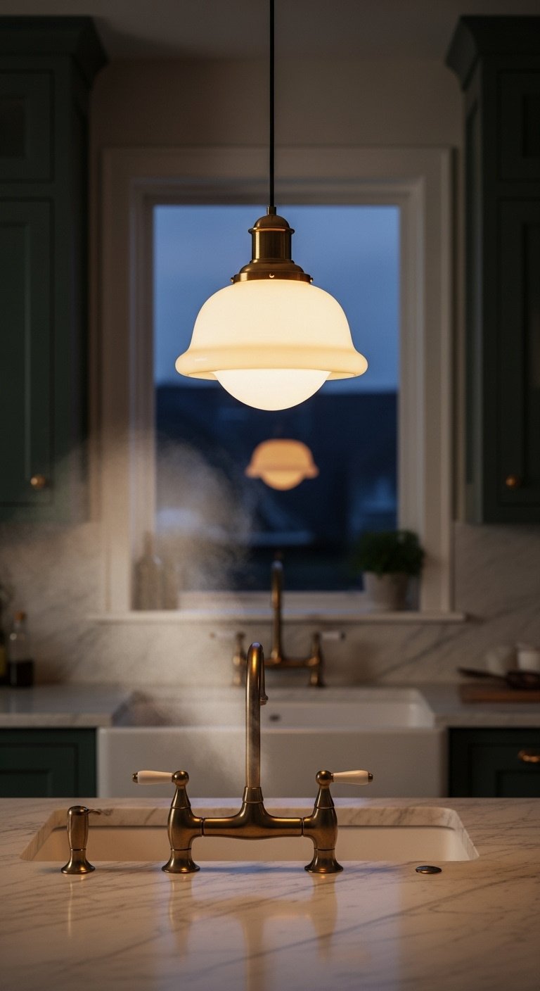 Stylish task lighting elegant brass and glass pendant light hanging over a kitchen sink with warm glow