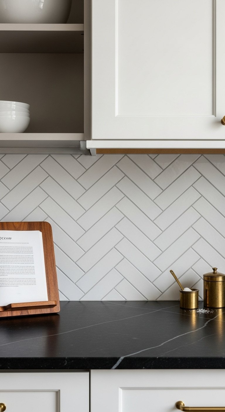 Subtle geometric backsplash white subway tiles herringbone pattern black soapstone countertop white shaker cabinets recipe book brass salt cellar