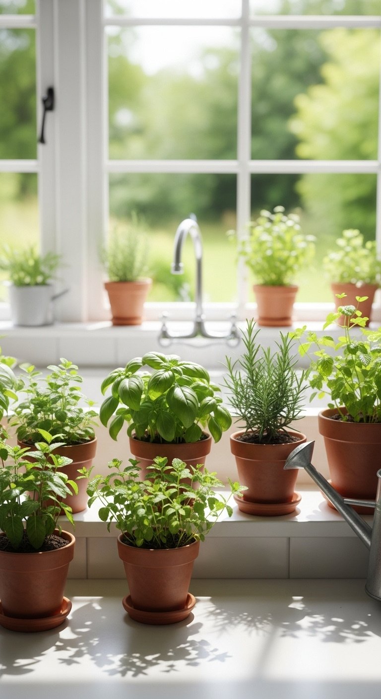 Sunlit kitchen windowsill with fresh herbs in terracotta pots, basil, rosemary, mint, vintage watering can, blurred kitchen background