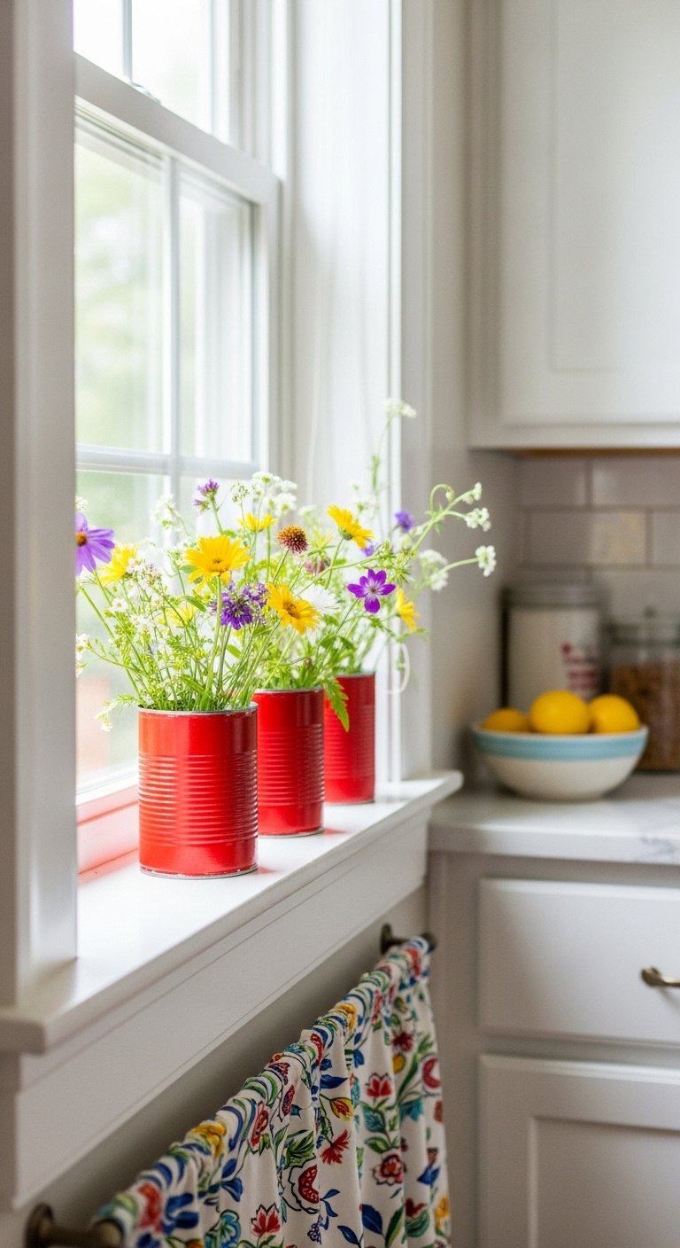 Sunlit kitchen windowsill with three tomato red recycled soup cans as vases for fresh wildflowers in all-white kitchen