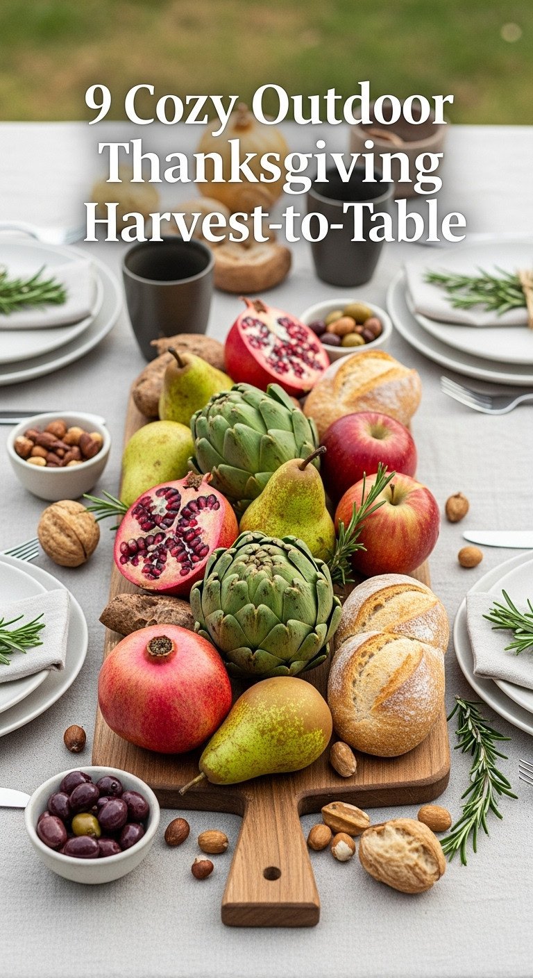 Sustainable harvest-to-table Thanksgiving centerpiece with pomegranates artichokes pears apples artisan bread olives and nuts on a wooden cutting board